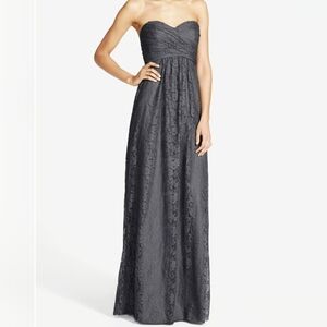 Amsale Gray Pleated Lace Sweetheart Strapless Long Dress